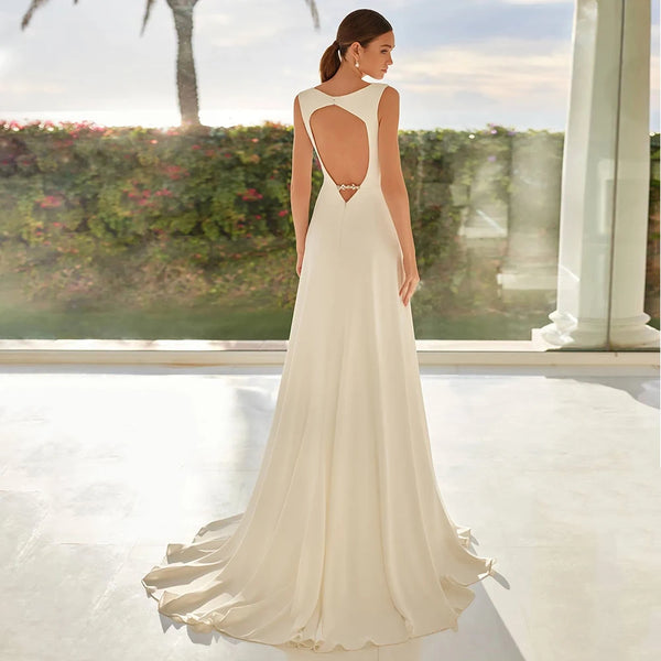 Minimalist O-Neck Jersey Wedding Dress with Open Back – Sleeveless A-Line Bridal Gown with Sweep Train