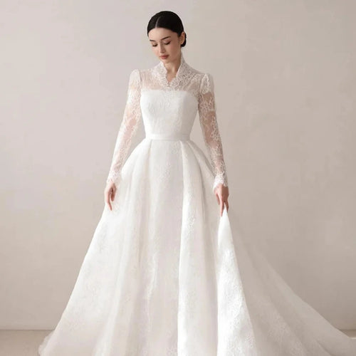 Exquisite V-Neck Lace Wedding Dress with Full Sleeves and Sweep Train – Elegant A-Line Bridal Gown for Arabian Weddings