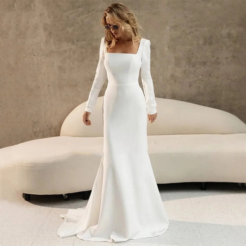 Chic Mermaid Wedding Dress with Long Sleeves and Square Neckline