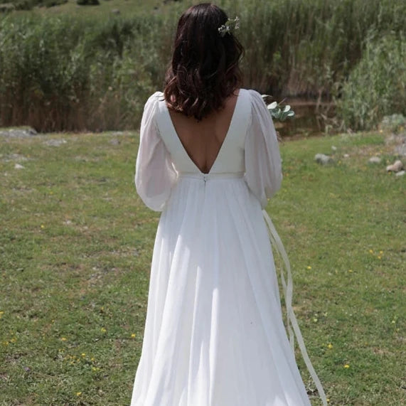 Boho A-Line Chiffon Wedding Dress with V-Neck and Backless Design