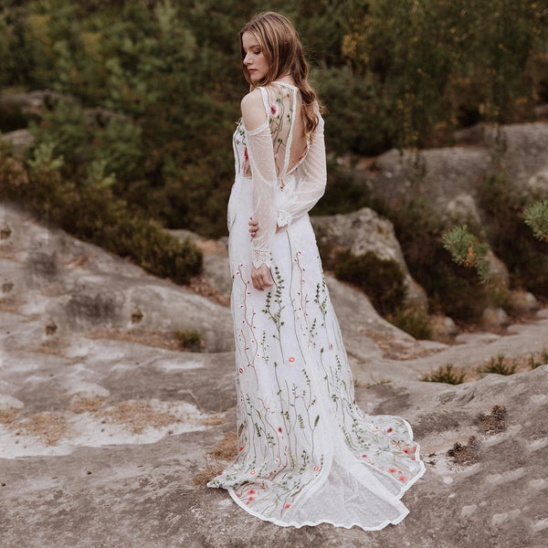 Boho Polka Dot Floral Embroidery Tulle Wedding Dress with Puffy Sleeves and Keyhole Back