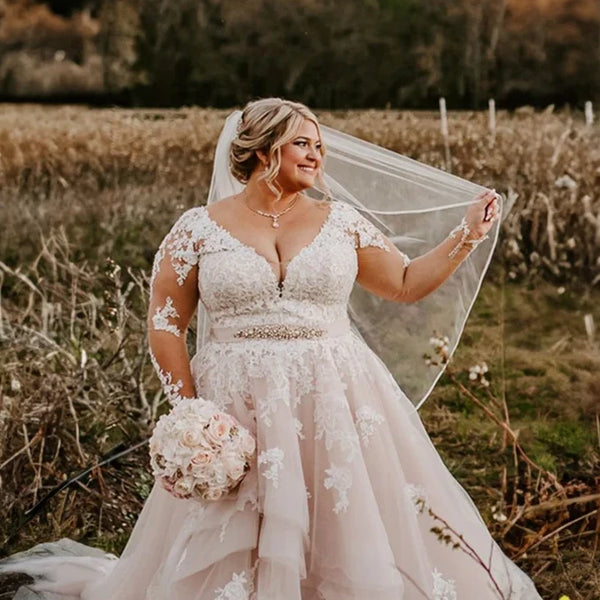 Stunning V-Neck Lace Wedding Dress with Long Illusion Sleeves and Beaded Belt - Elegant A-Line Bridal Gown