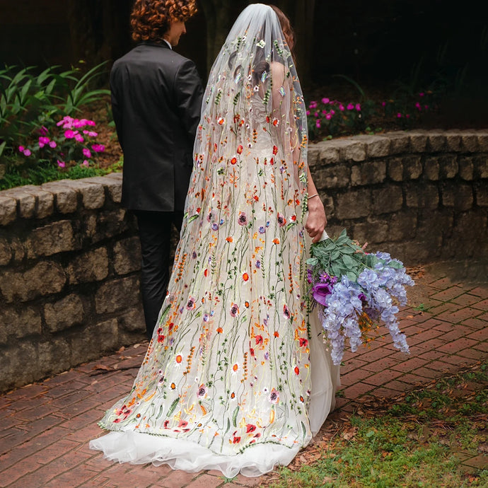 Romantic Colorful Embroidered Lace Wedding Veil with Floral Design and Comb