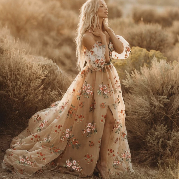 Floral Tulle Princess Dress | Non-Traditional Whimsical Wedding Dress | Fairy Bridal Gown | Unique Flower Prom Dress with Train