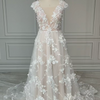 Boho Chic 3D Flowers Lace A-line Wedding Dress with Cap Sleeves | Backless Bridal Gown