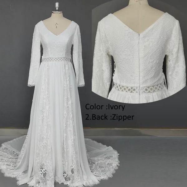 Boho Lace A-Line Wedding Dress with Full Illusion Sleeves and Sweep Train