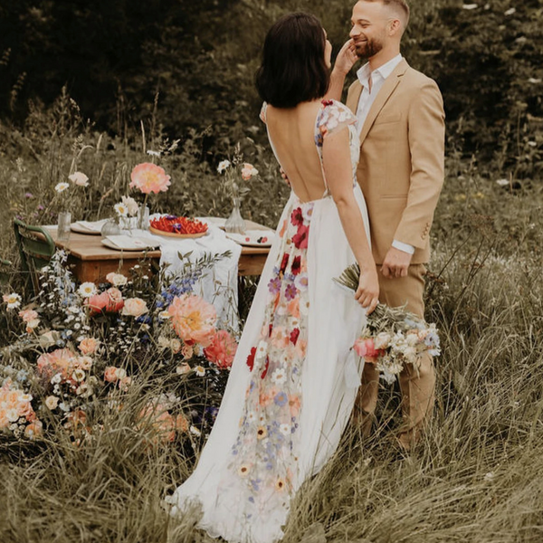 Ethereal Floral Print Chiffon Wedding Dress with Lace Appliques and Cap Sleeves