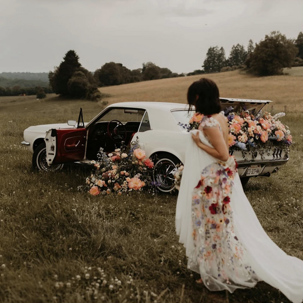 Ethereal Floral Print Chiffon Wedding Dress with Lace Appliques and Cap Sleeves