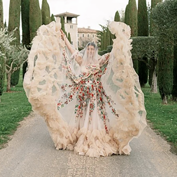 Enchanting Off-Shoulder A-Line Tulle Wedding Dress with Floral Appliques & Ruffles - Includes Veil