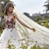 Romantic Pastoral Strapless Lace Wedding Dress with Floral Embroidery and Sweep Train