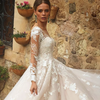 Elegant Vintage Italian Princess Bridal Gown with Embroidered Organza, Full Sleeve V-Neck and Court Train