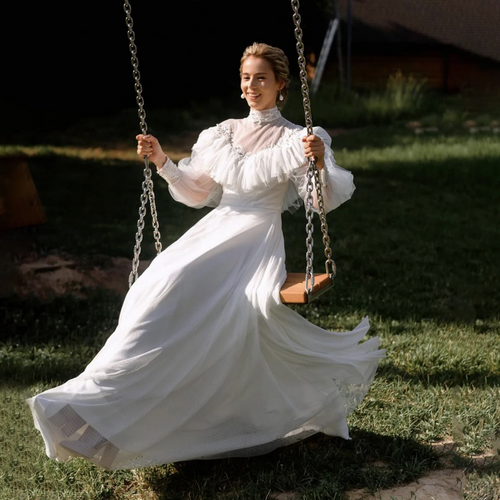 Vintage Victorian Wedding Dress with High Neck, A-Line Silhouette, and Pearl Embellishments - Modest Bridal Gown