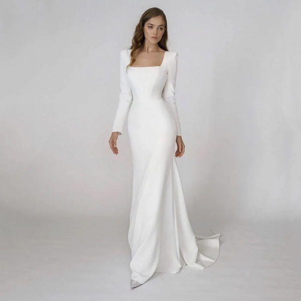 Sleek Satin Mermaid Wedding Dress with Square Neck and Long Sleeves - Elegant Minimalist Bridal Gown