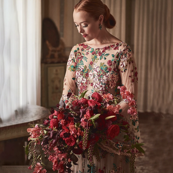 Boho Chic Floral Embroidered Wedding Dress with Long Bell Sleeves and Boat Neck - Colorful Lace Sheer Tulle Bridal Gown