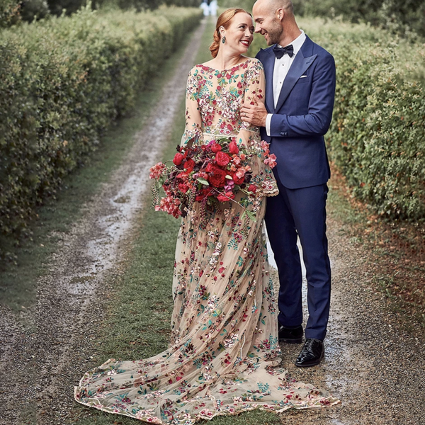 Boho Chic Floral Embroidered Wedding Dress with Long Bell Sleeves and Boat Neck - Colorful Lace Sheer Tulle Bridal Gown