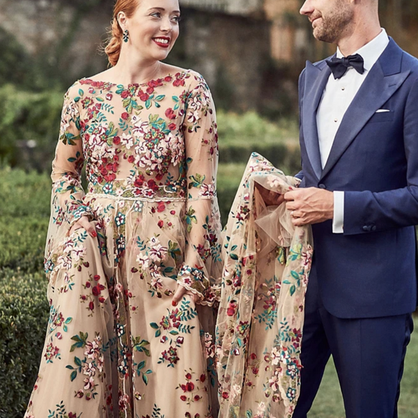 Boho Chic Floral Embroidered Wedding Dress with Long Bell Sleeves and Boat Neck - Colorful Lace Sheer Tulle Bridal Gown