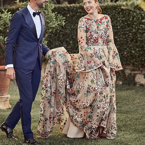 Boho Chic Floral Embroidered Wedding Dress with Long Bell Sleeves and Boat Neck - Colorful Lace Sheer Tulle Bridal Gown