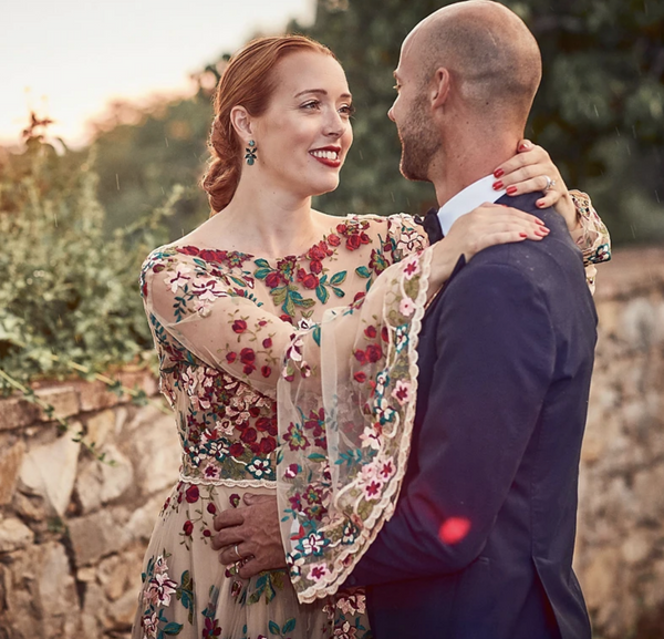 Boho Chic Floral Embroidered Wedding Dress with Long Bell Sleeves and Boat Neck - Colorful Lace Sheer Tulle Bridal Gown