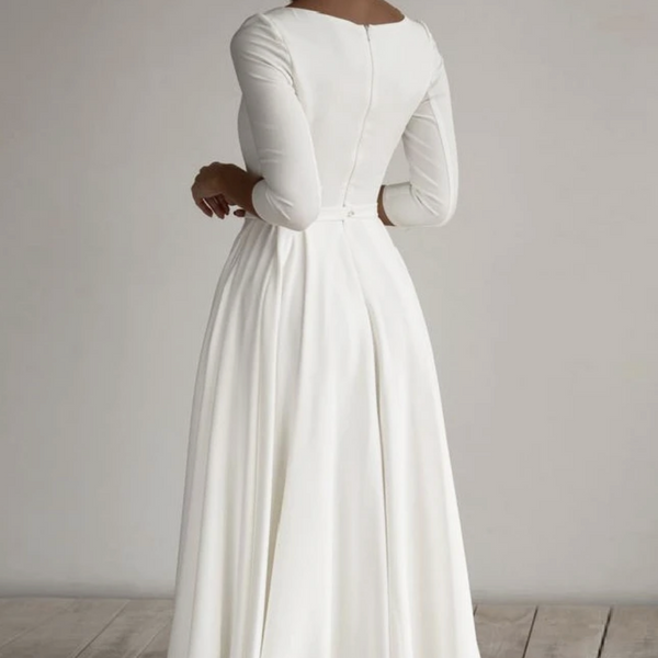 Classic A-Line Satin Wedding Dress with Half Sleeves and O-Neck - Modest Bridal Gown for Elegant Weddings