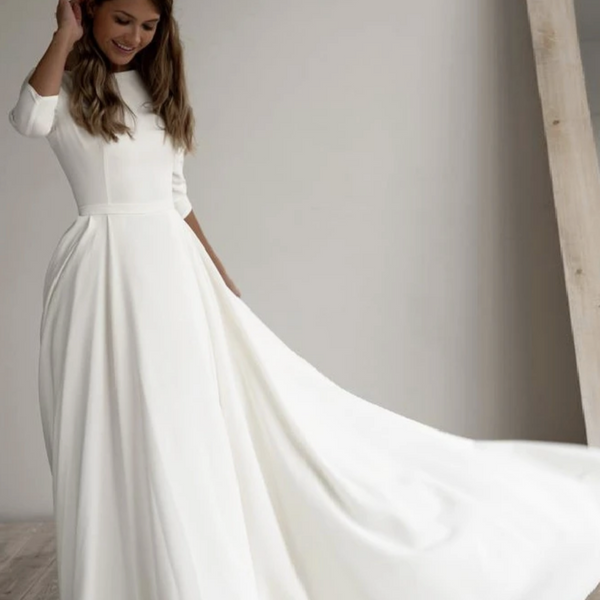 Classic A-Line Satin Wedding Dress with Half Sleeves and O-Neck - Modest Bridal Gown for Elegant Weddings