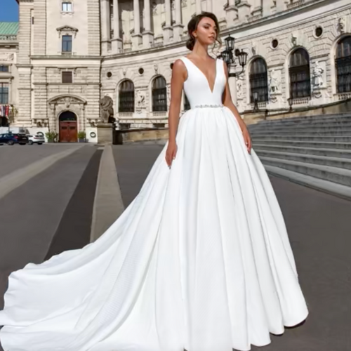 Luxury Vintage Italian Satin Wedding Dress with Crystal Belt and Deep V-Neck | Elegant Backless Bridal Gown with Chapel Train