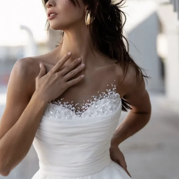 Boho Chic A-Line Tulle Wedding Dress | Sleeveless with Beaded Sweetheart Neckline and Sweep Train