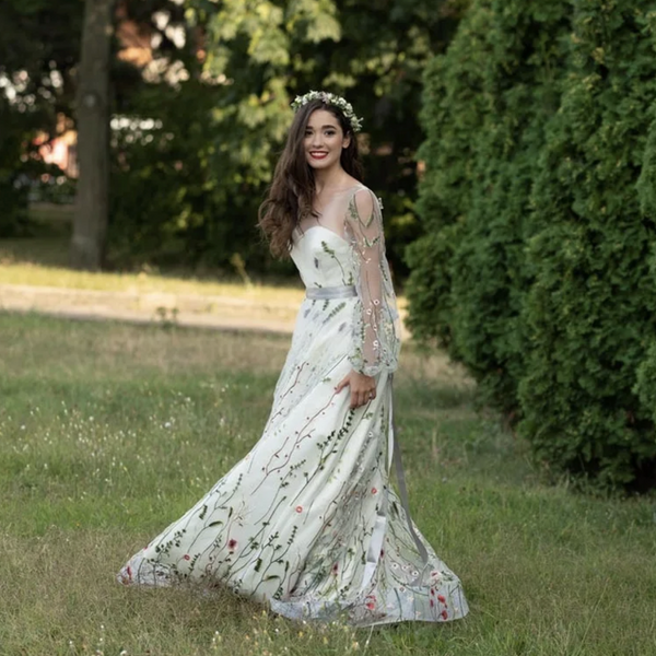 Classic Long Sleeve Floral Wedding Dress with Tulle Embroidery and Sweep Train