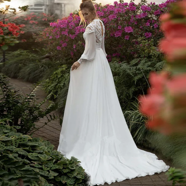 Vintage Boho Wedding Dress with Long Puffy Sleeves and High Neck Lace