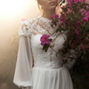 Vintage Boho Wedding Dress with Long Puffy Sleeves and High Neck Lace