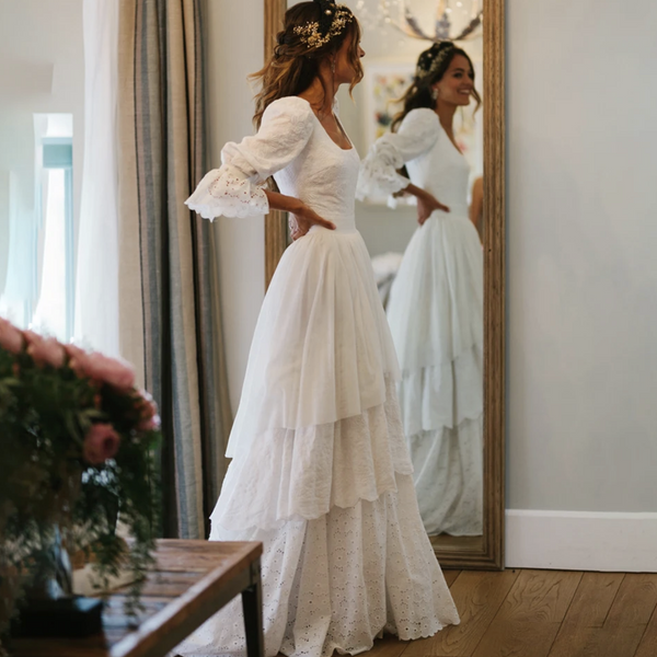 Rustic Lace Bridal Gown with Flare Sleeves and Cutout Details | Vintage A-Line Wedding Dress