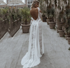 Bohemian Open Back Wedding Dress with Lace Overlay | Sheath Bridal Gown