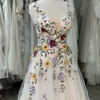 Colorful Floral Boho A-Line Wedding Dress | Whimsical Tulle Bridal Gown with Spaghetti Straps and Court Train