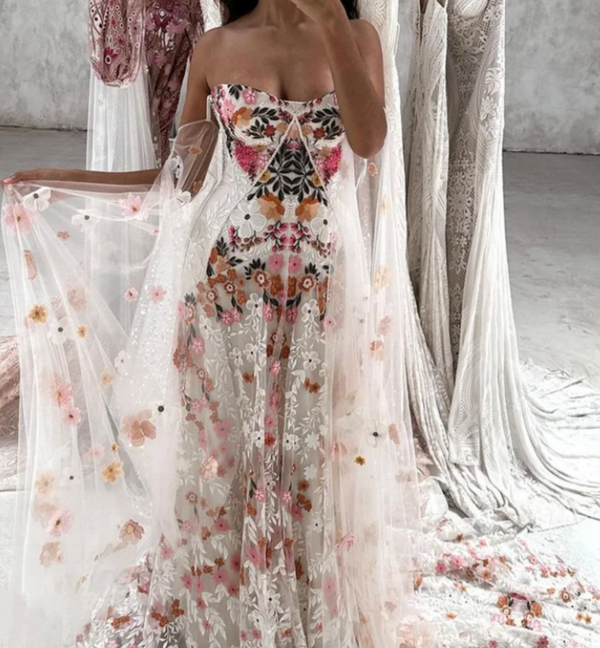 Floral Embroidery Wedding Dress | Boho A-Line Lace Bridal Gown