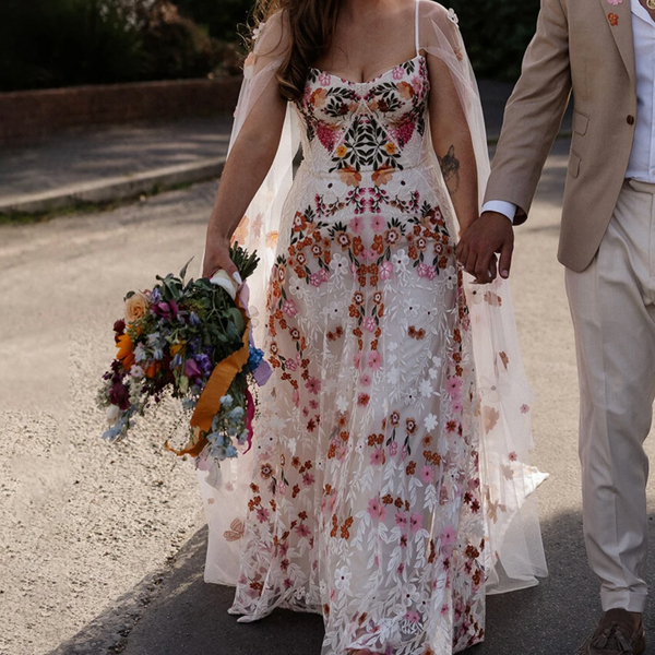 Floral Embroidery Wedding Dress | Boho A-Line Lace Bridal Gown