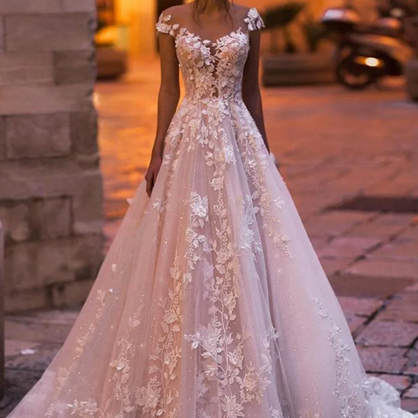 Sexy Backless Cap Sleeve Lace Princess Wedding Dress | A-Line Bridal Gown with Beaded Flowers and Court Train