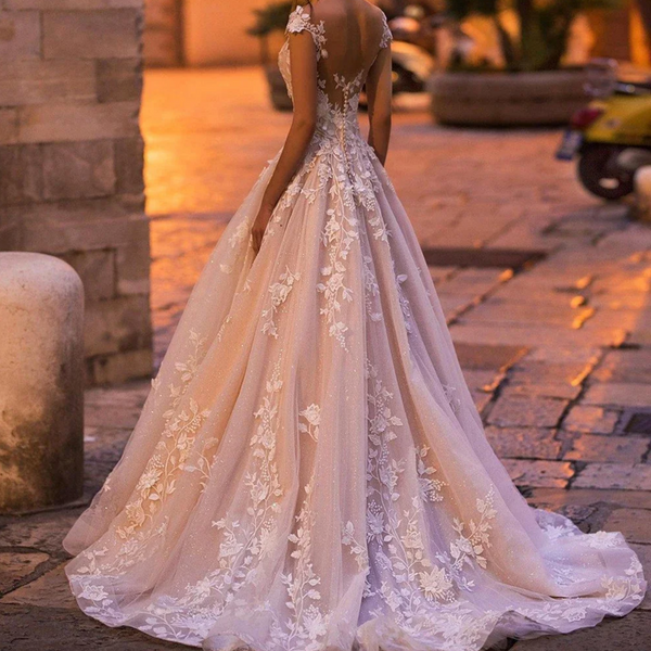 Sexy Backless Cap Sleeve Lace Princess Wedding Dress | A-Line Bridal Gown with Beaded Flowers and Court Train