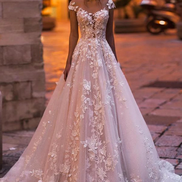 Sexy Backless Cap Sleeve Lace Princess Wedding Dress | A-Line Bridal Gown with Beaded Flowers and Court Train