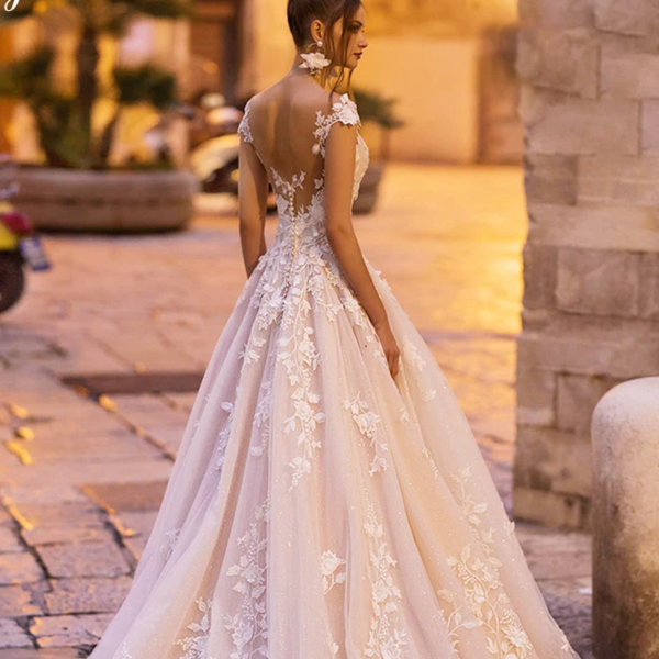 Sexy Backless Cap Sleeve Lace Princess Wedding Dress | A-Line Bridal Gown with Beaded Flowers and Court Train