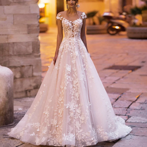 Sexy Backless Cap Sleeve Lace Princess Wedding Dress | A-Line Bridal Gown with Beaded Flowers and Court Train