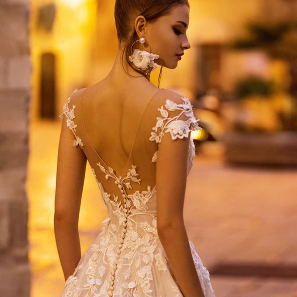 Sexy Backless Cap Sleeve Lace Princess Wedding Dress | A-Line Bridal Gown with Beaded Flowers and Court Train