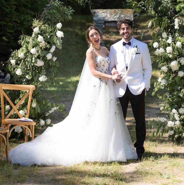 Strapless Beaded 3D Flower Lace A-Line Tulle Wedding Dress - Boho Bridal Gown with Cape and Low Back