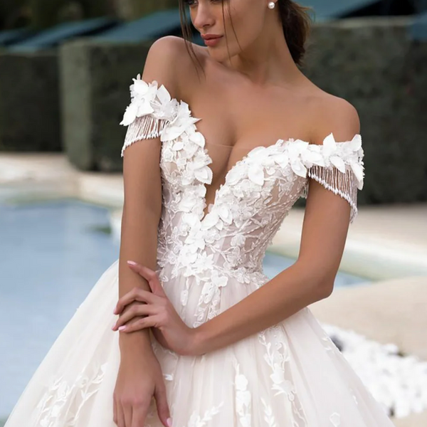 Elegant Off-The-Shoulder A-Line Lace Wedding Dress | V-Neck Bridal Gown with Cathedral Train and Lace-Up Back