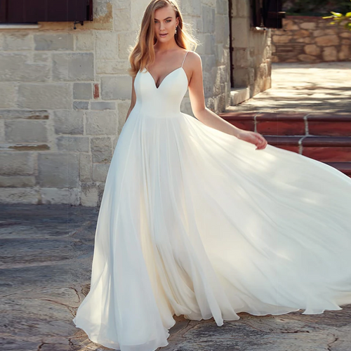 Charming A-Line Chiffon Wedding Dress | Spaghetti Straps V-Neck Bridal Gown with Backless Sweep Train