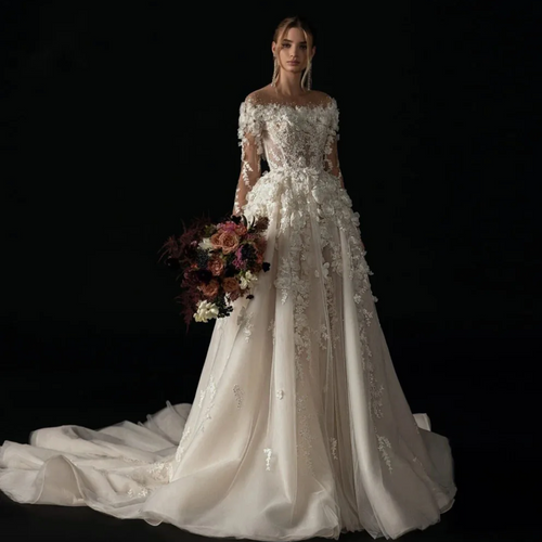 Elegant A-Line Wedding Dress with Illusion Neckline, Embroidered Lace, and Court Train