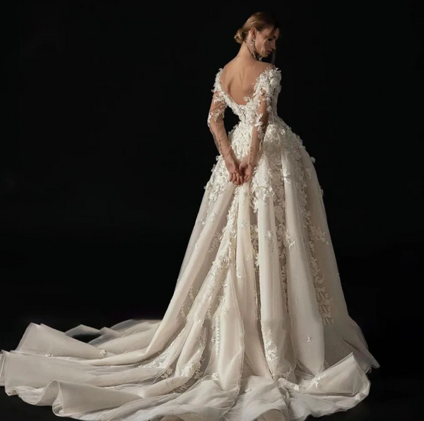 Elegant A-Line Wedding Dress with Illusion Neckline, Embroidered Lace, and Court Train