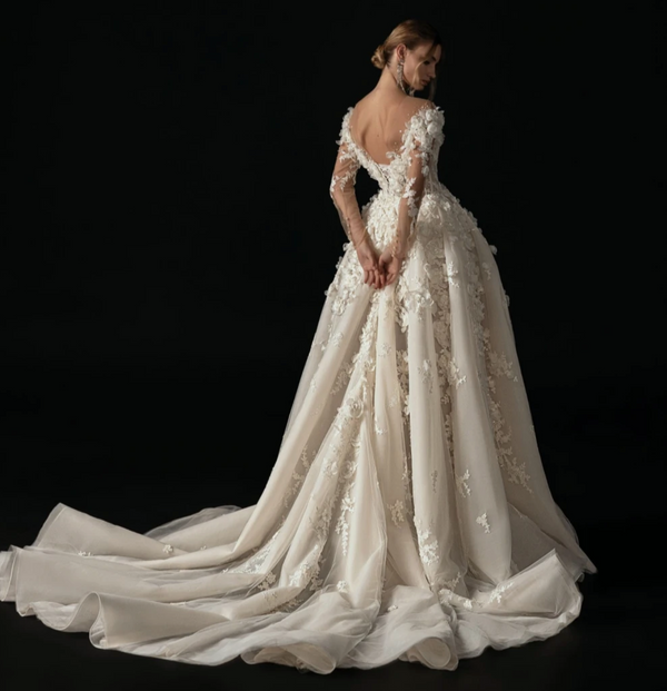 Elegant A-Line Wedding Dress with Illusion Neckline, Embroidered Lace, and Court Train