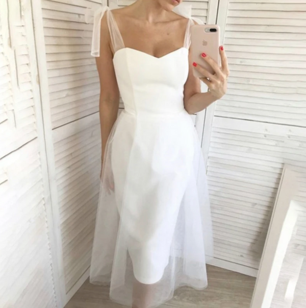 Simple Sweetheart Spandex A-Line Mid-Calf Wedding Dress with Bow Detail