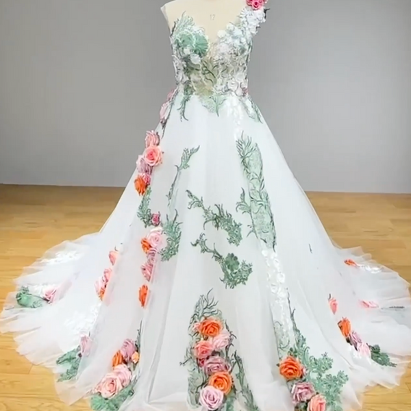 Colorful Off-the-Shoulder Ball Gown Wedding Dress with 3D Floral Appliques and Court Train