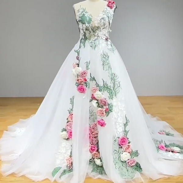 Luxury Off-the-Shoulder Pastoral Ball Gown Wedding Dress with Hand-Made Floral Appliques and Court Train