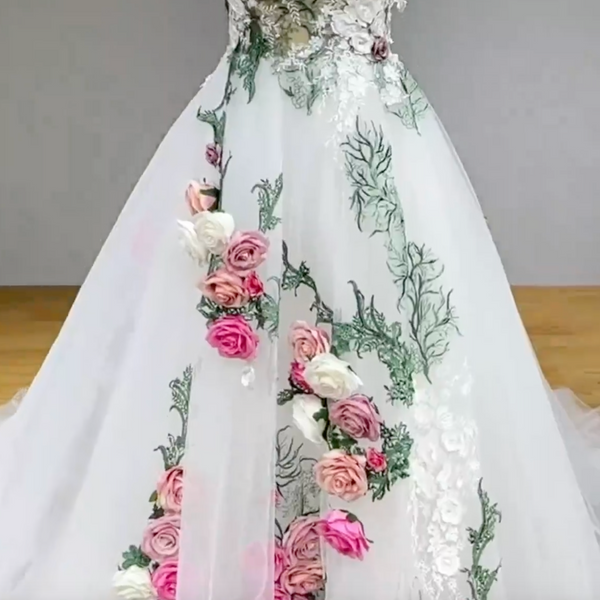 Luxury Off-the-Shoulder Pastoral Ball Gown Wedding Dress with Hand-Made Floral Appliques and Court Train